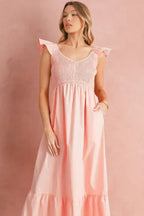 Black V Neck Flutter Sleeve Smocked Bodice High Waist Ruffle Maxi Dress