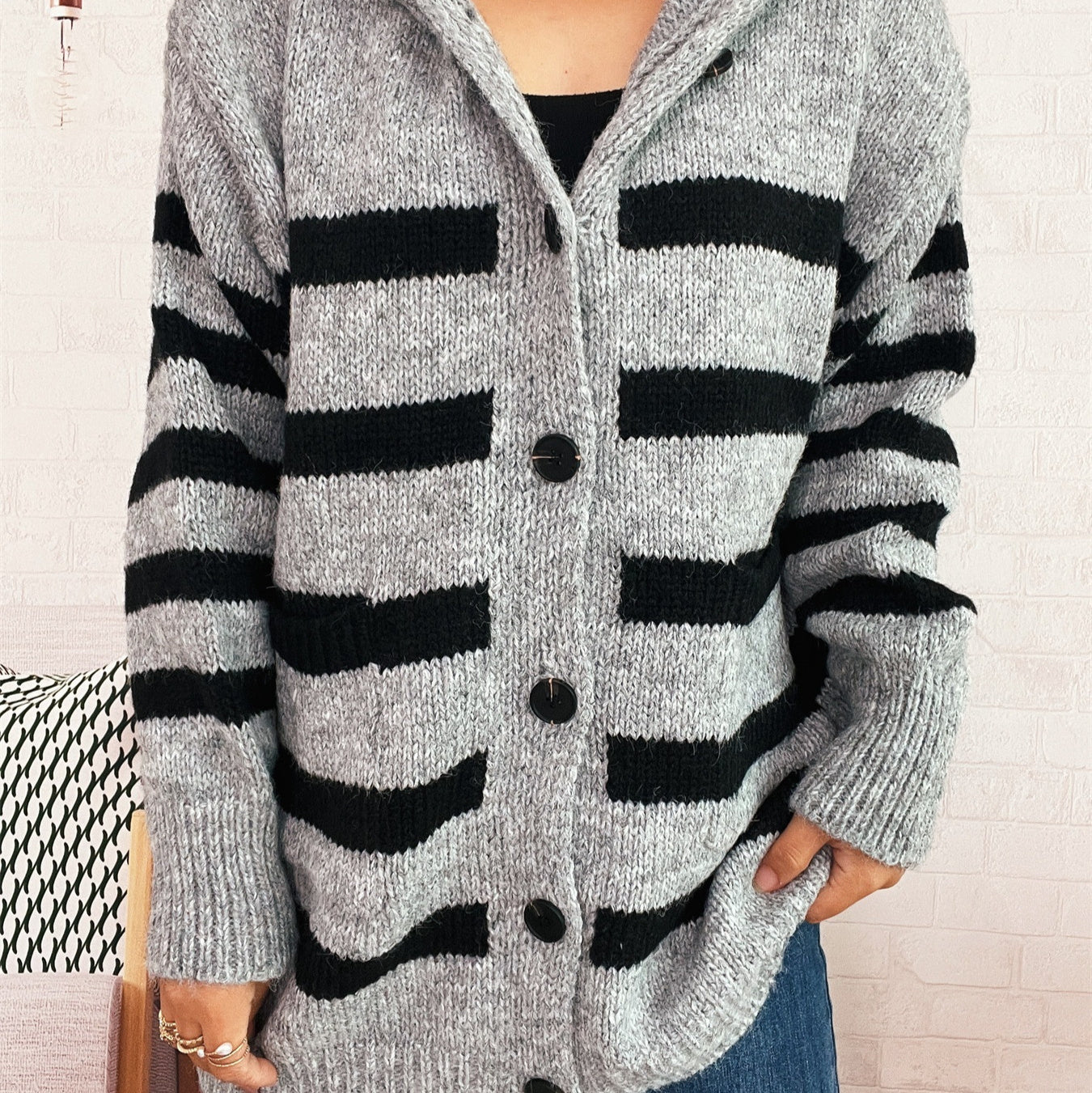 Casual Loose Plus-sized Hooded Single-breasted Long Sleeve Sweater For Women Pi-Mart