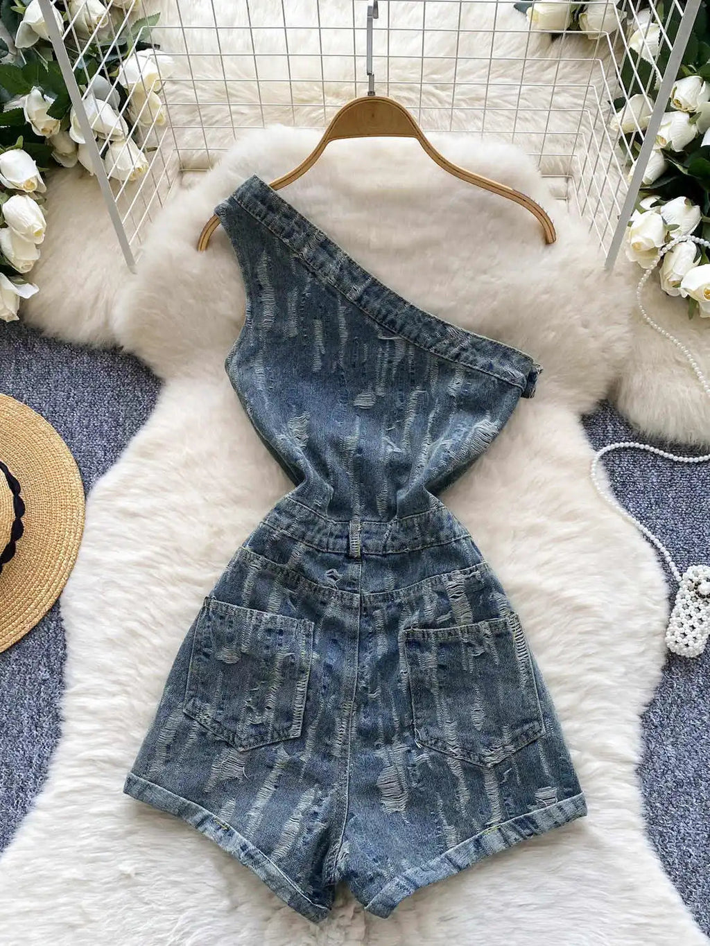 Women's Blue Ripped Denim Shorts Jumpsuits 90s Vintage Playsuits Harajuku Off Shoulder Rompers Jeans Pants Ladies Clothes Summer Purplish Diva
