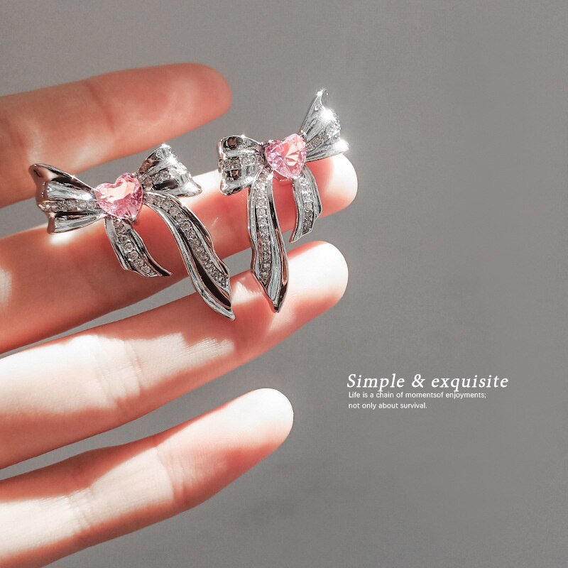 Sweet Pink Metal Bow Earrings Pi-Mart