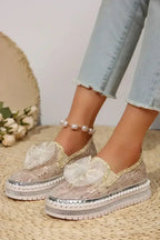 Sequin Bow Platform Shoes - Thick Sole White Sneakers - Wholesale Fashion