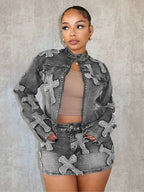 2 Piece Denim Sets Womens Outfits Spring Long Sleeve Zipper Jacket and Mini Skirt Set Sweet Sexy Outfits Wholesale Dropshipping Purplish Diva
