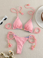 New Festival Flame Halter Bikini Set for Women – Triangle V-Neck Backless Two-Piece Swimsuit with Tie Side Bottoms & Adjustable Lace-Up Fit – Sleek Polyamide Swimwear for Koningsdag/King’s Day & Summer Beach Celebrations