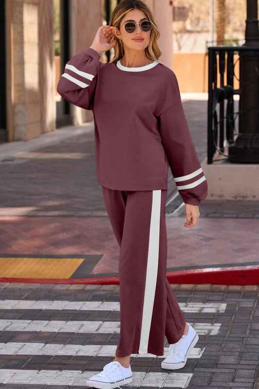 Varsity Stripe Pullover and Drawstring Pant Set THRIXINE