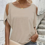 Ladies' Summer Design Off Shoulder Split Sleeve Round Neck Loose Solid Color T-shirt - SJB-DIAMOND ELITES