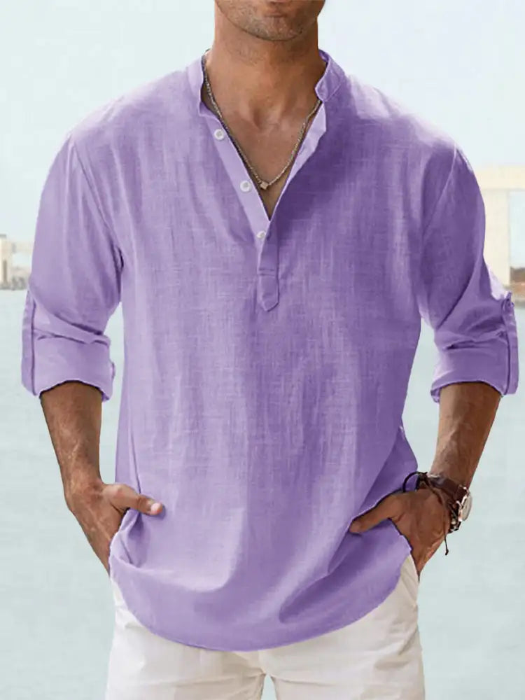 Men's Linen Stand-up Collar Long Sleeve T-shirt Loose Undershirt