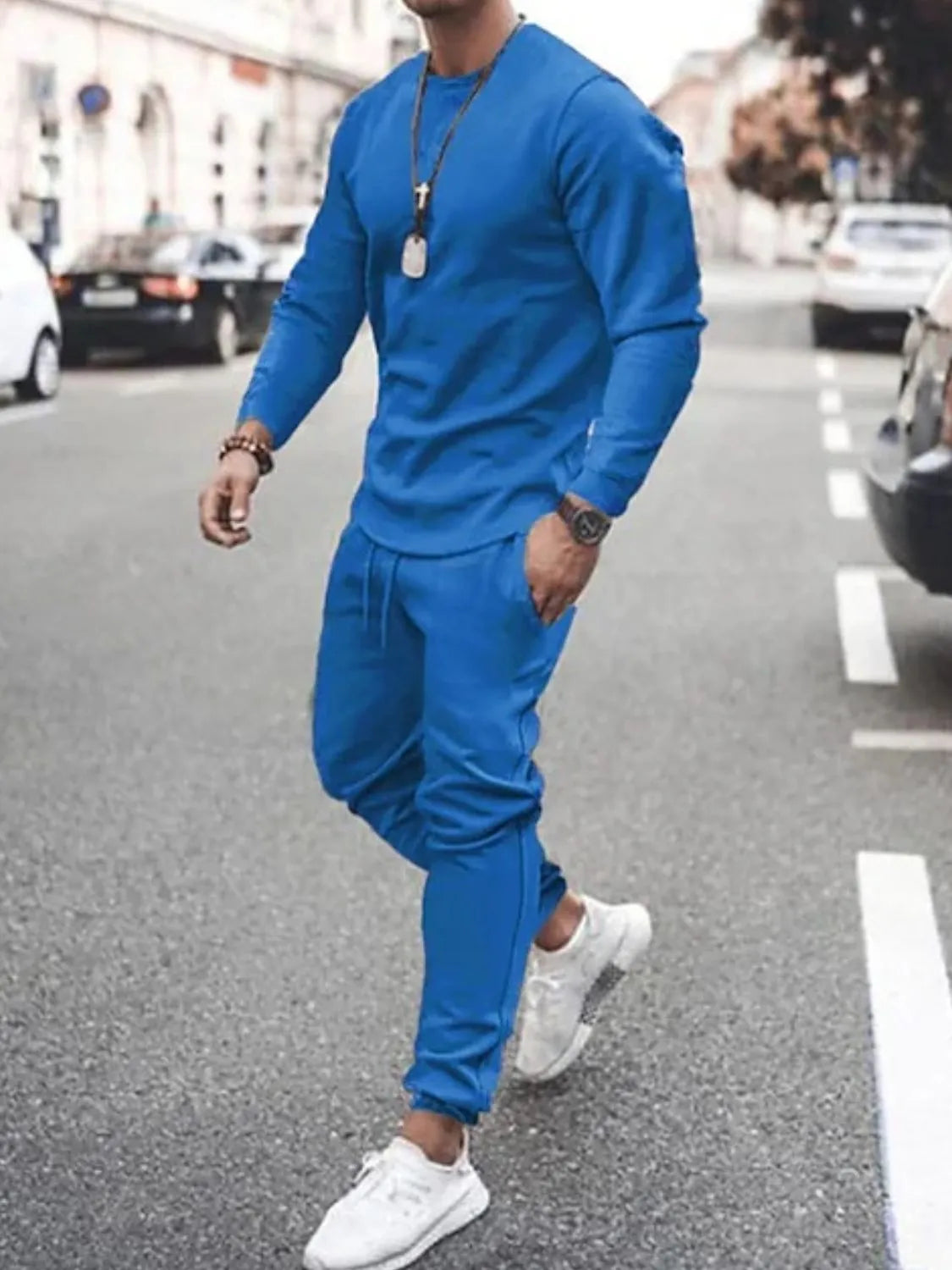 Men's Full Size Round Neck Long Sleeve Top and Pants Set Plus Size