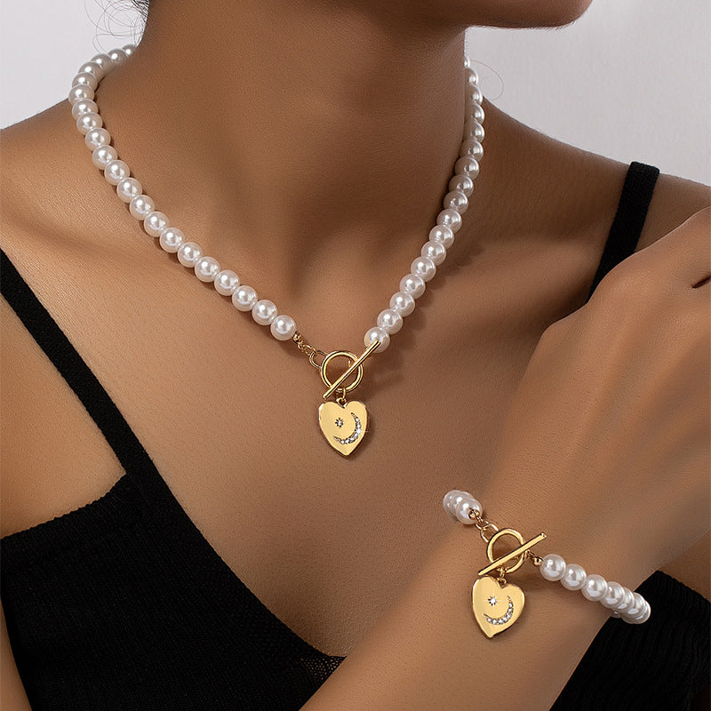 Pearl Bracelet And Necklace Set Female With Hearts Clavicle Chain Pi-Mart