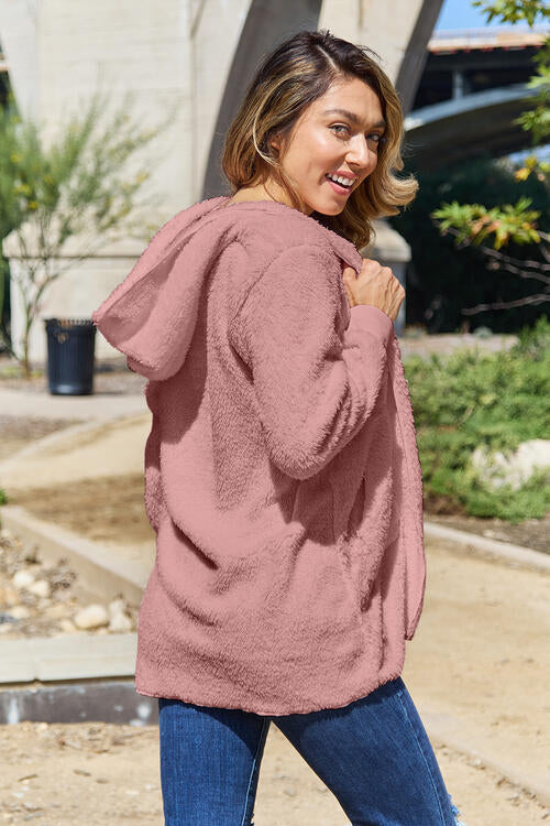 Women Full Size Teddy Hooded Jacket with Pockets Cozy Casual Jacket Comfortable Women Jacket Stevvex