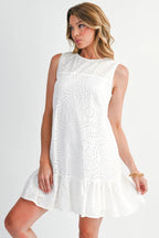 White Floral Eyelet Embroidered Sleeveless Shift Dress