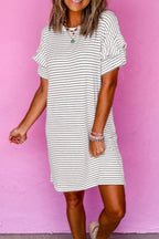 White Striped Round Neck Short Sleeve Mini Dress Casual & Playful Everyday Look Dress