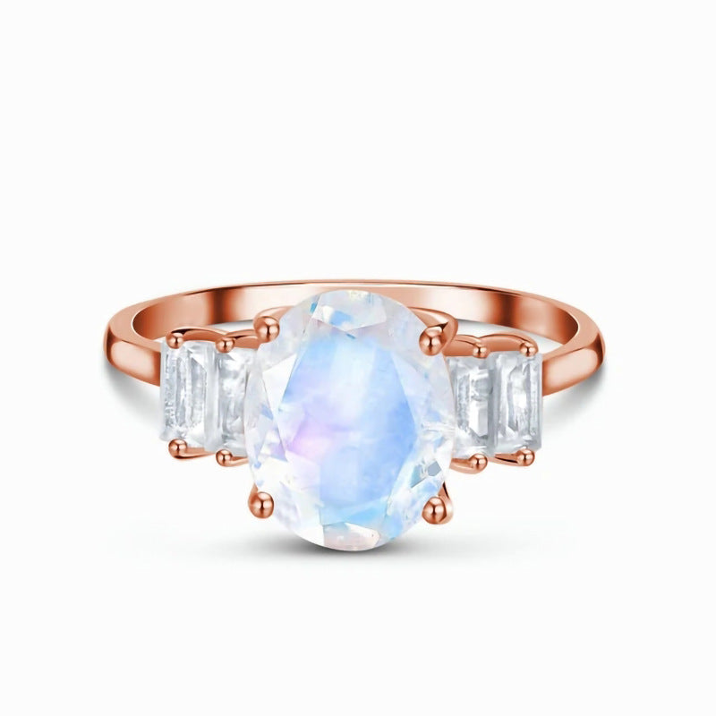 S925 Sterling Silver Oval Moonstone Ring Jewelry Pi-Mart