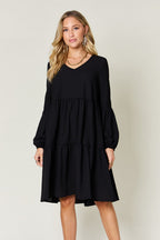Light Green Double Take Full Size V-Neck Sleeve Tiered Dress with Pockets Elegant & Comfortable Casual Dress Stevvex