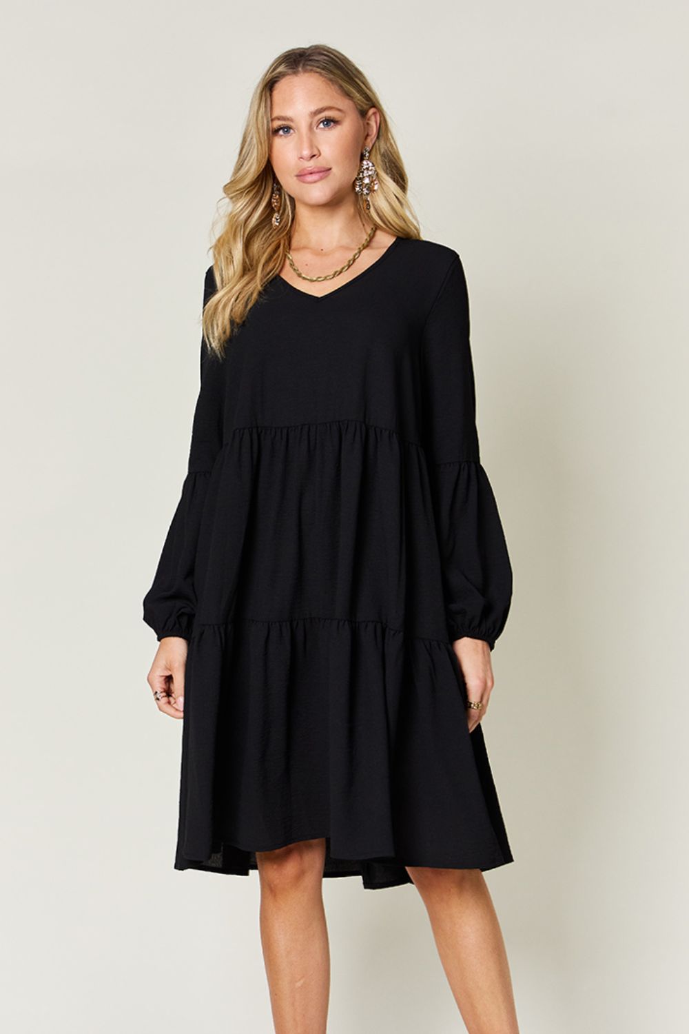 Light Green Double Take Full Size V-Neck Sleeve Tiered Dress with Pockets Elegant & Comfortable Casual Dress Stevvex