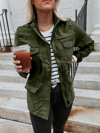 Retro Pocketed Long Sleeve Zip-Up Jacket Lightweight & Stylish Outerwear for Everyday Wear Stevvex