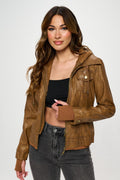 Coalition LA Double Zip Hooded Long Sleeve Vegan Leather Jacket for Women Stylish and Functional Outerwear Stevvex