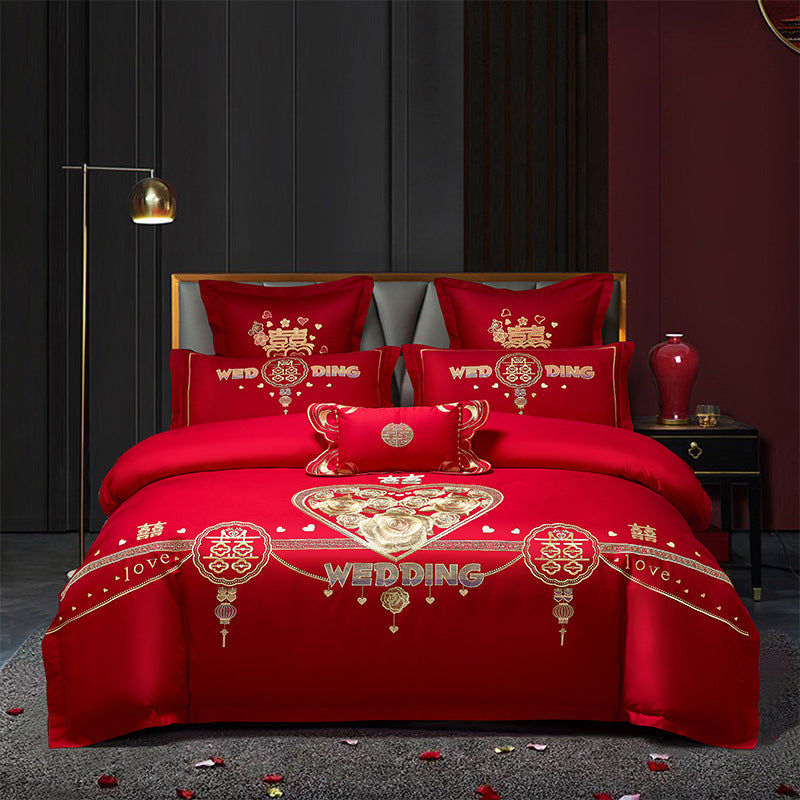Red Wedding Four-piece Set Wholesale Cotton Wedding Embroidery Bedding Pure Cotton Marriage Bed Xi Quilt Cover Dragon And Phoenix Pi-Mart
