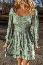 Elegant Ruffle Hem Floral Mini Dress Square Neck Long Sleeve Romantic Dress