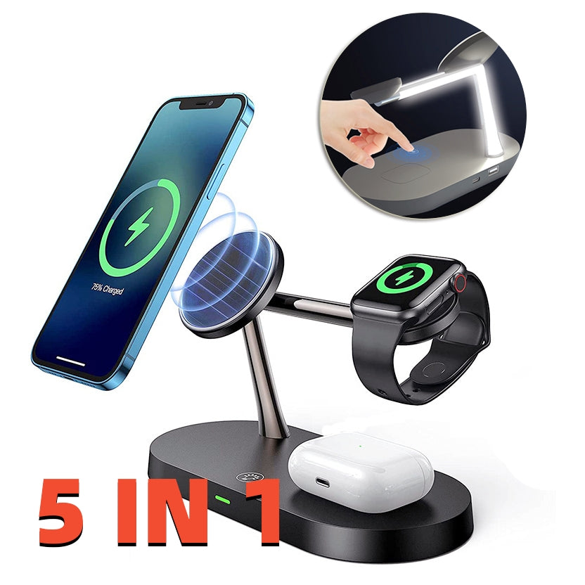 Multifunctional Five-In-One Magnetic Wireless Charging Watch Headset Desktop Mobile Phone Holder Charger 15W Fast Charge Pi-Mart