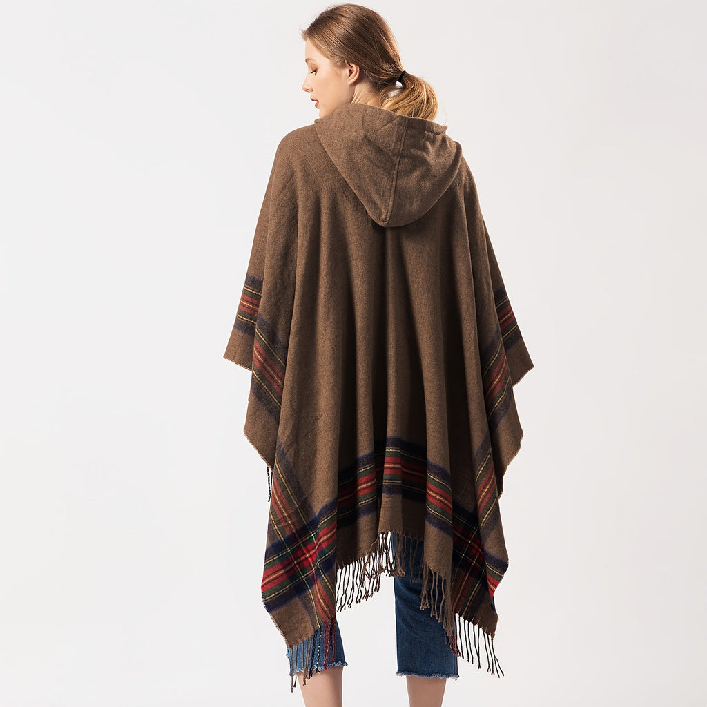 Oversized Scottish Hooded Cardigan - Fashionable Striped Shawl with Luxurious Tassels - Cozy, Windproof & Coldproof for Autumn Winter Outdoors - A Plush Blanket Shawl Cloak Lootquake LLC