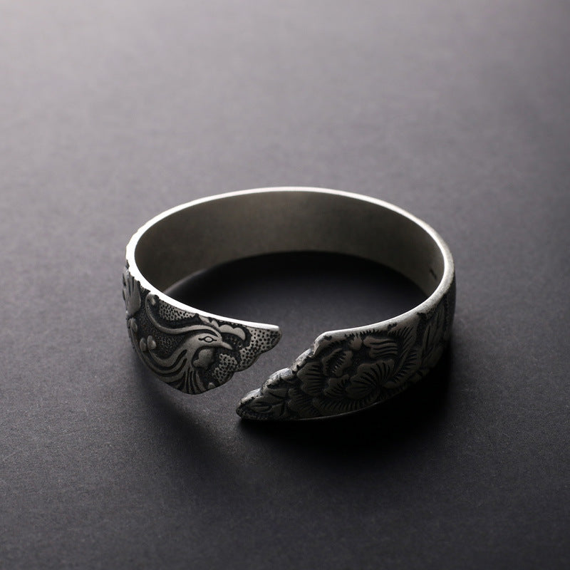 S999 Pure Silver Phoenix Peony Wide Side Thai Silver Matte Retro Ethnic Style  Bracelet Women Pi-Mart