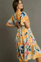 Umgee Abstract Print Midi Dress – Flutter Sleeves & Tiered Frill Detail