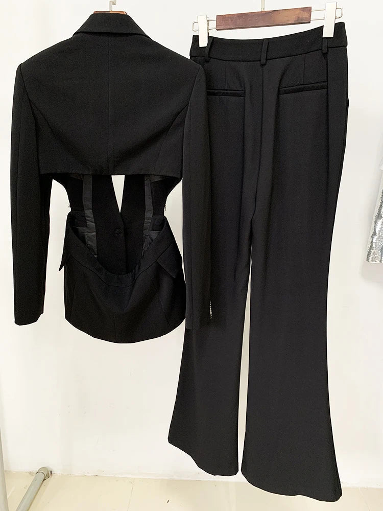 HIGH STREET Newest Fashion 2024 Designer Suit Set Women's Single Button Hollow Out Diamonds Beaded Blazer Flare Pants Set Purplish Diva