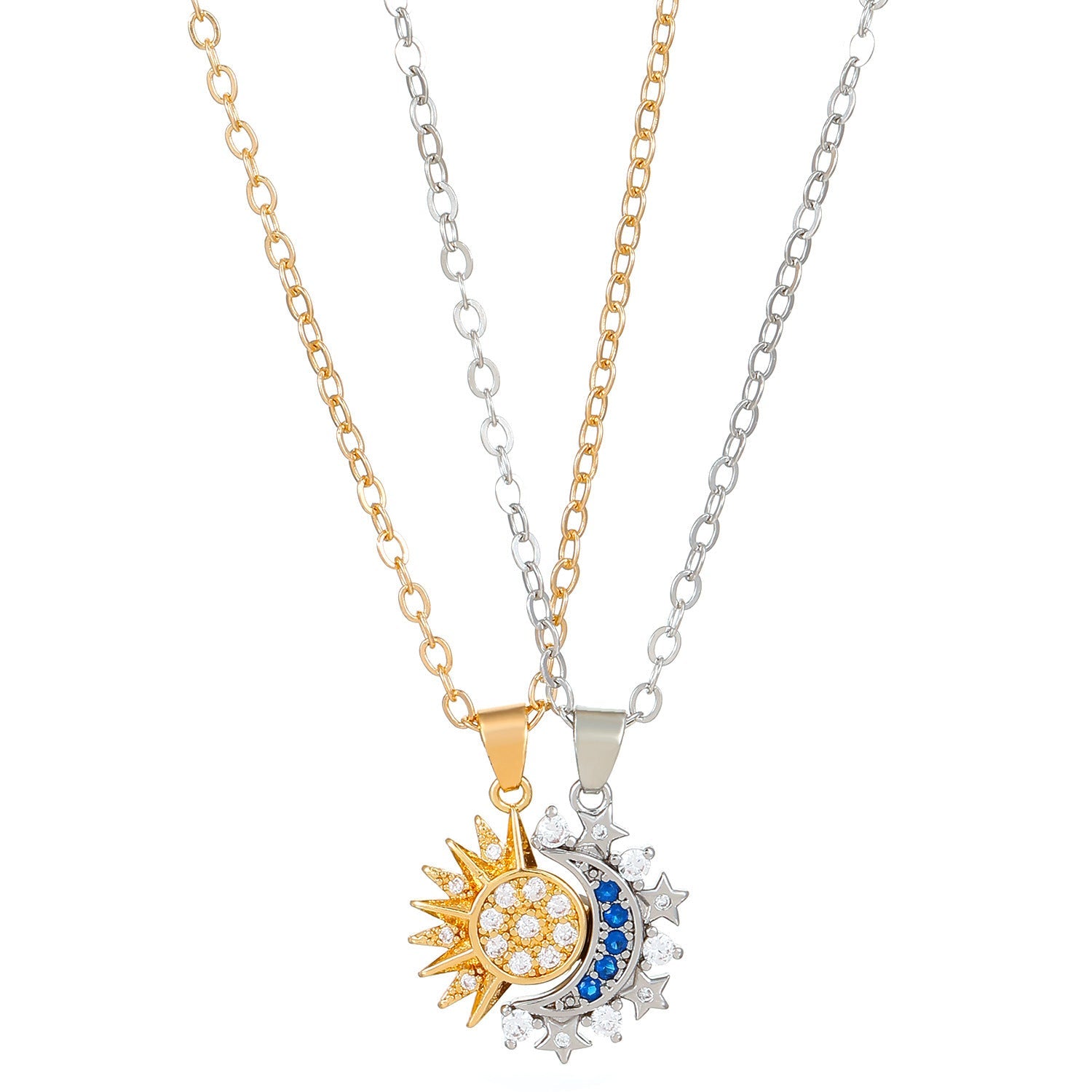 2pcs Necklace Sun And Moon Magnetic Pendant Clavicle Chain Necklace For Couple Lovers Pi-Mart
