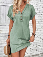 Elegant Button V-Neck Short Sleeve Dress Flattering Casual & Office Wear Simple Dress