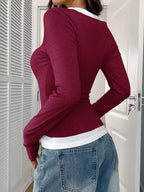 Contrast Long Sleeve Fake Two-Piece T-Shirt THRIXINE