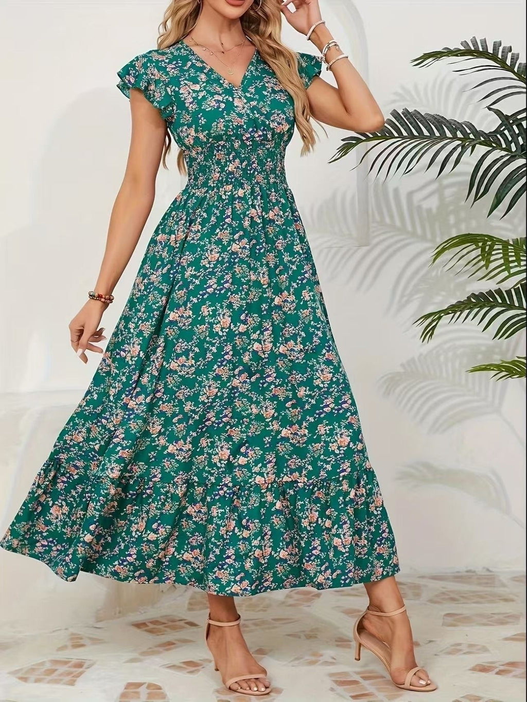 Fashion Floral Long Sleeve Waist Swing Dress Lootquake LLC