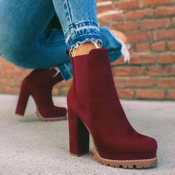 Round-toe Ankle Boots Solid Leopard Print Thick Square High Heel Shoes Ladies Casual Fashion Autumn Winter Suede Dress Party Boots Pi-Mart