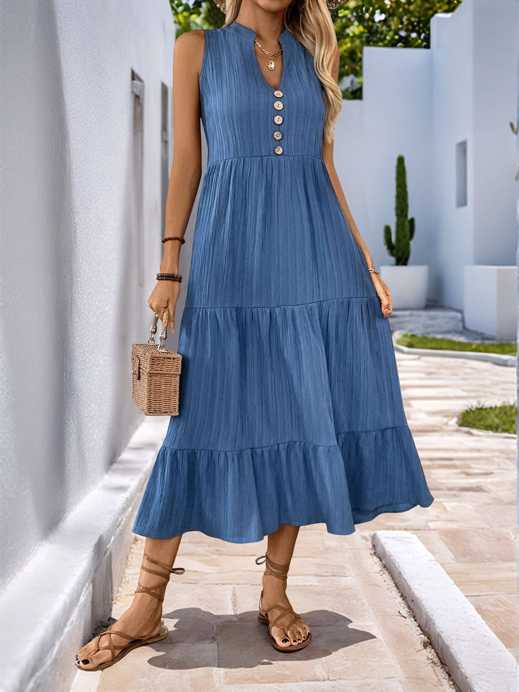 Decorative Dusty Blue Button Notched Sleeveless Dress Elegant & Feminine Style Long Dress For Women Stevvex