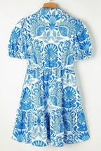 Sky Blue Boho Floral Print Frill Tiered Mini Dress
