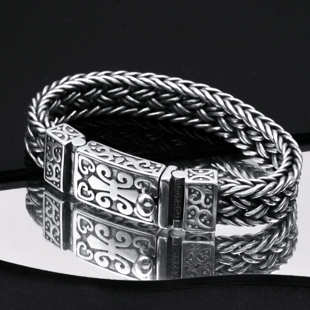 S925 Silver Wide Version Braided Bracelet Men's Thick Generous Ring Buckle Interlock Bracelet Pi-Mart