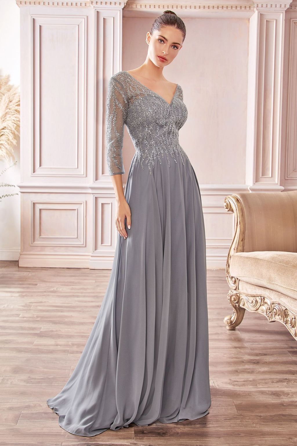 Chiffon A-Line Long Sleeve Gown Purplish Diva