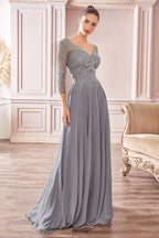 Chiffon A-Line Long Sleeve Gown Purplish Diva
