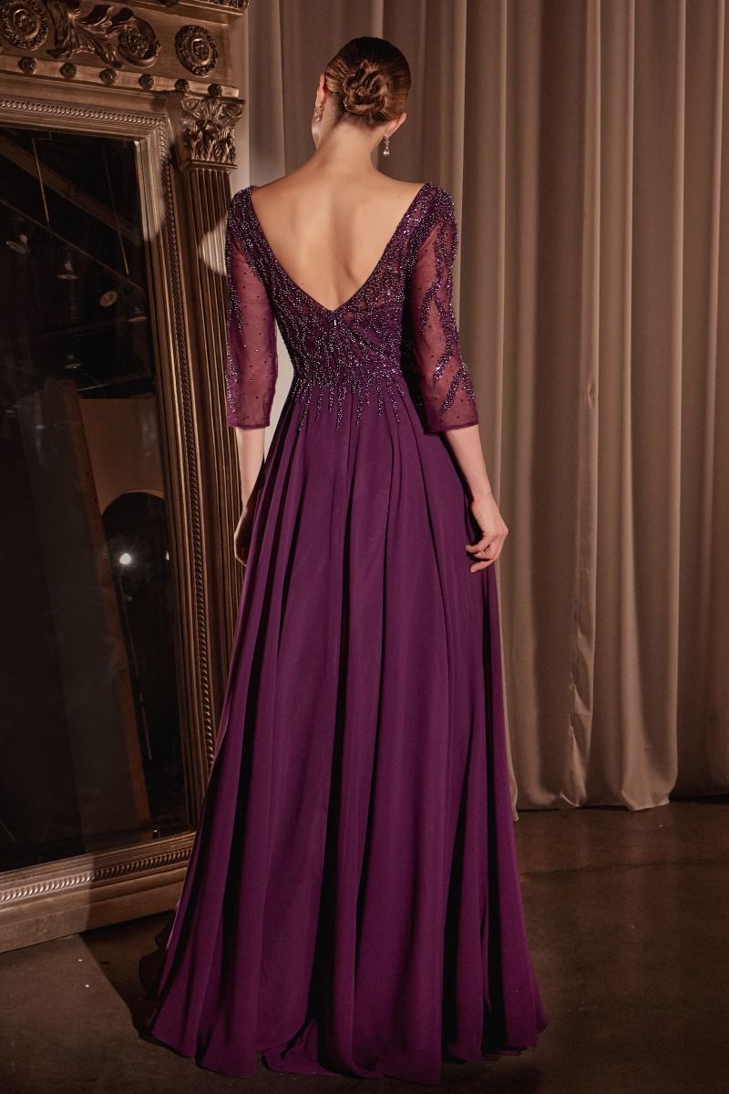 Chiffon A-Line Long Sleeve Gown Purplish Diva