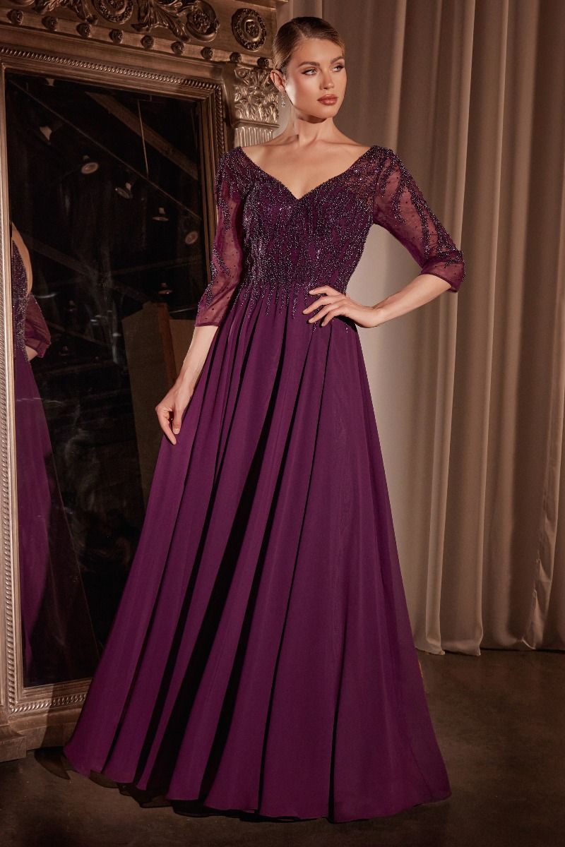 Chiffon A-Line Long Sleeve Gown Purplish Diva