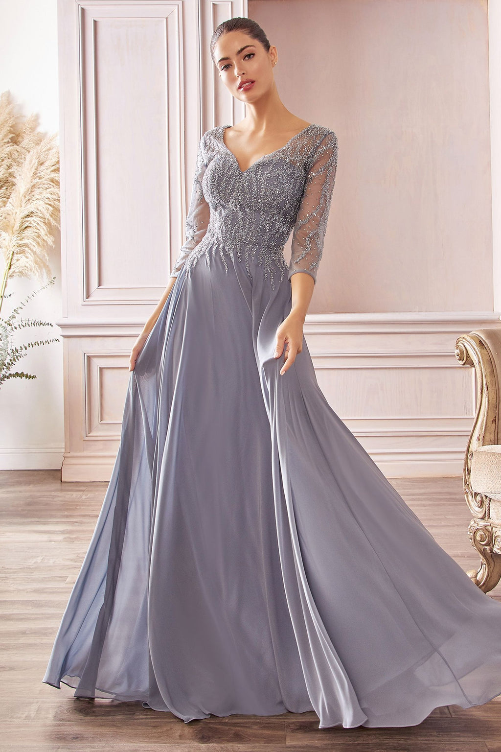 Chiffon A-Line Long Sleeve Gown Purplish Diva