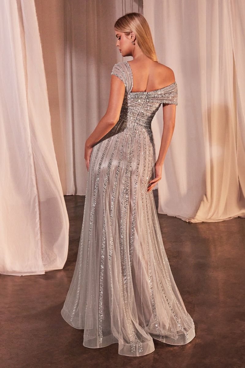 Asymmetrical Off The Shoulder A-Line Beaded Gown Purplish Diva
