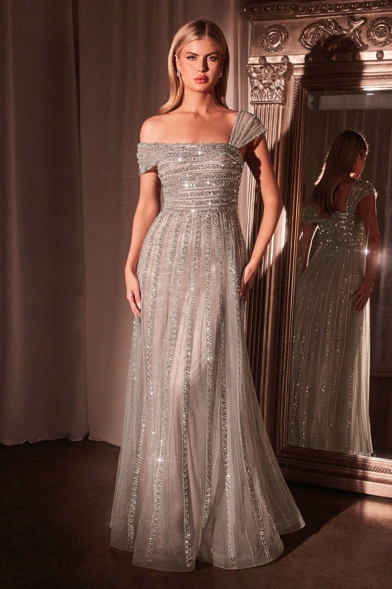 Asymmetrical Off The Shoulder A-Line Beaded Gown Purplish Diva