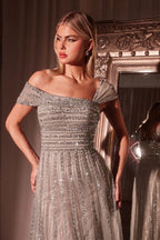 Asymmetrical Off The Shoulder A-Line Beaded Gown Purplish Diva