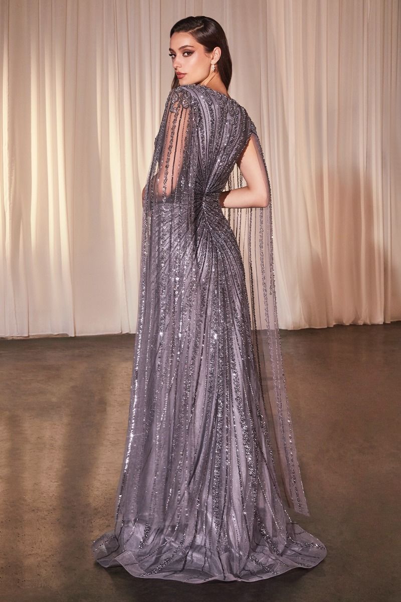 Long Sleeve Fully Beaded Sheath Gown Purplish Diva