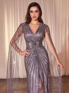 Long Sleeve Fully Beaded Sheath Gown Purplish Diva