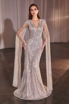Long Sleeve Fully Beaded Sheath Gown Purplish Diva