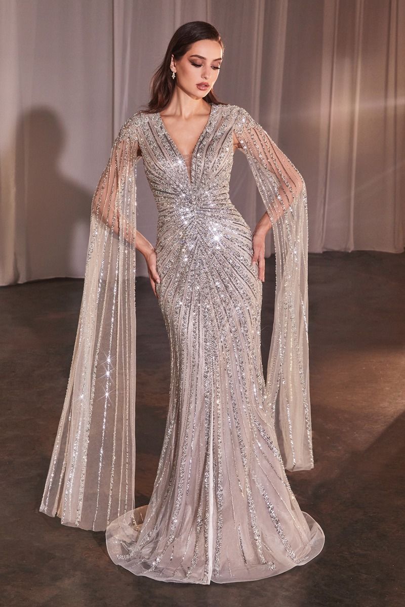 Long Sleeve Fully Beaded Sheath Gown Purplish Diva