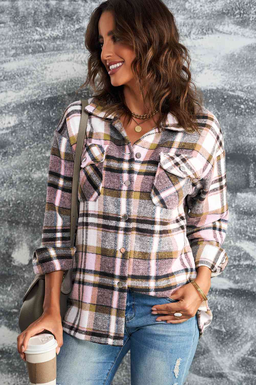 Classic Plaid Button Front Shirt Jacket with Breast Pockets Casual & Minimalist Outerwear Stevvex