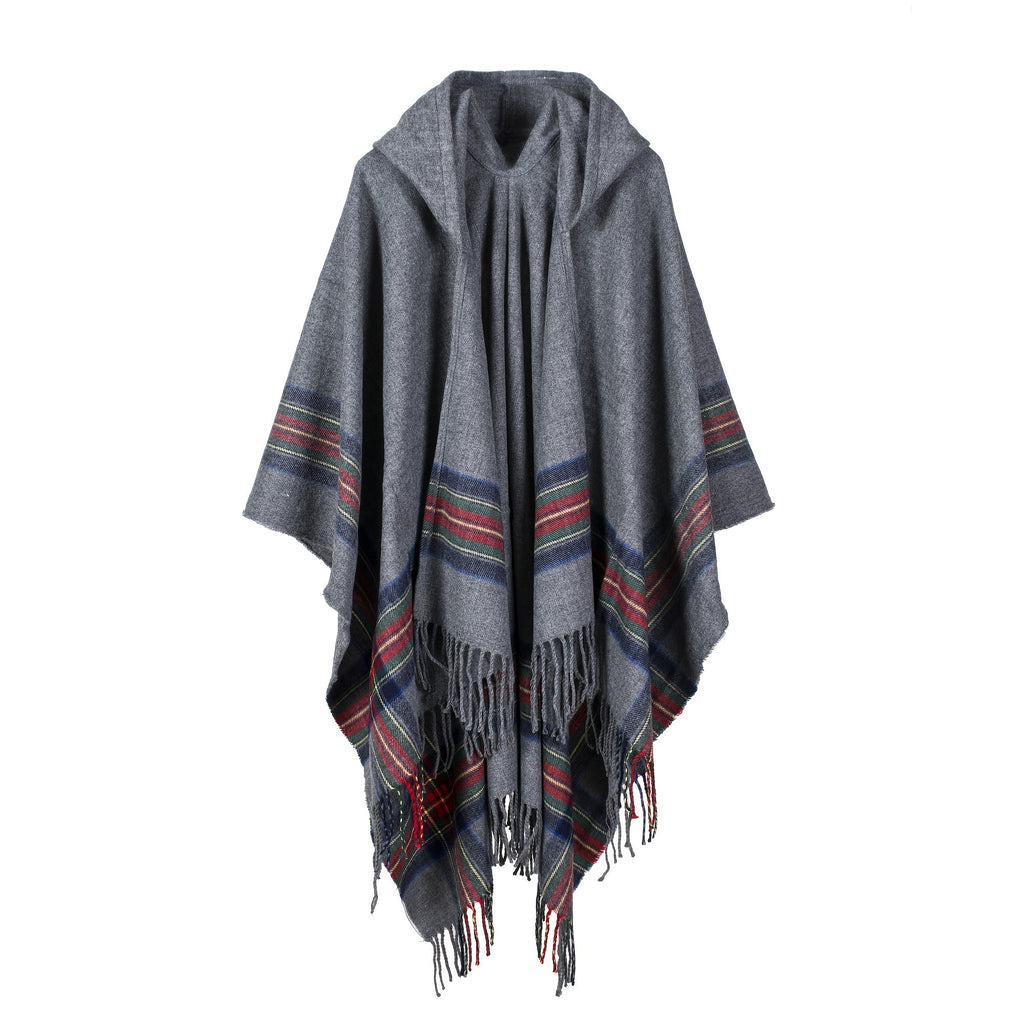 Oversized Scottish Hooded Cardigan - Fashionable Striped Shawl with Luxurious Tassels - Cozy, Windproof & Coldproof for Autumn Winter Outdoors - A Plush Blanket Shawl Cloak Lootquake LLC