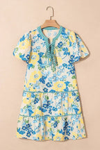 Blue Floral Print Striped Trim Puff Sleeve Mini Dress